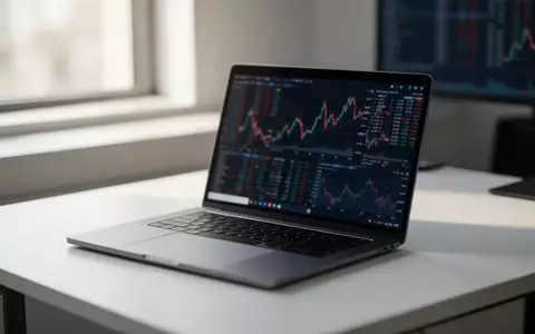 Ein moderner, minimalistischer Schreibtisch mit einem Laptop, auf dem abstrakte Börsenkurse zu sehen sind. - Foto: über boerse-global.de