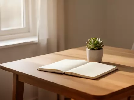 Ein minimalistischer, lichtdurchfluteter Raum mit einem Holztisch, einer kleinen Pflanze und einem leeren Notizbuch. - Foto: über boerse-global.de