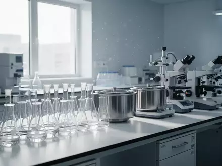 Ein steriles, modernes medizinisches Labor mit glänzenden Laborgeräten und Glasbehältern auf einem weißen Arbeitstisch. - Foto: über boerse-global.de