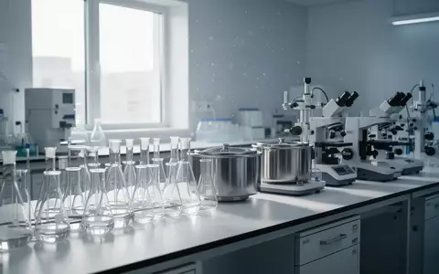 Ein steriles, modernes medizinisches Labor mit glänzenden Laborgeräten und Glasbehältern auf einem weißen Arbeitstisch. - Foto: über boerse-global.de