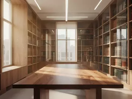 Ein sonnendurchfluteter, ruhiger Bibliotheksraum mit Holzregalen und Lichteinfall durch große Fenster. - Foto: über boerse-global.de