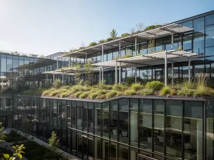 Modernes Krankenhausgebäude mit begrüntem Dach und Sonnenschutz-Elementen an einem sonnigen Sommertag. - Foto: über boerse-global.de