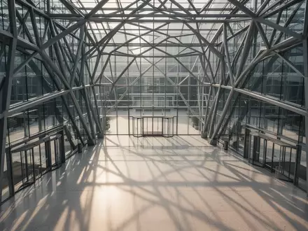 Ein modernes, architektonisch gestaltetes Atrium mit geometrischen Stahlstrukturen und klaren Linien. - Foto: über boerse-global.de