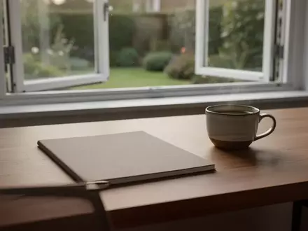 Ein minimalistischer, heller Arbeitsplatz mit einem Notizbuch und einer Kaffeetasse in einer ruhigen, natürlichen Umgebung. - Foto: über boerse-global.de