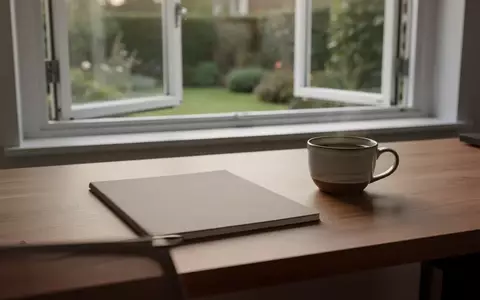 Ein minimalistischer, heller Arbeitsplatz mit einem Notizbuch und einer Kaffeetasse in einer ruhigen, natürlichen Umgebung. - Foto: über boerse-global.de