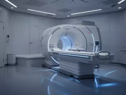 Ein klinischer Untersuchungsraum mit einem modernen PET-Scanner in einer sterilen, minimalistischen Umgebung. - Foto: über boerse-global.de