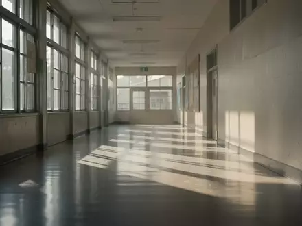 Ein leerer, sonnendurchfluteter Schulflur mit langen Schatten auf dem Boden und einer ruhigen, minimalistischen Architektur. - Foto: über boerse-global.de