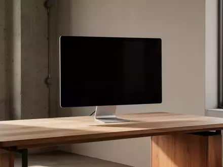 Ein minimalistischer, moderner Arbeitsplatz mit einem ausgeschalteten Monitor vor einem hellen Fenster. - Foto: über boerse-global.de