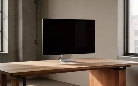 Ein minimalistischer, moderner Arbeitsplatz mit einem ausgeschalteten Monitor vor einem hellen Fenster. - Foto: über boerse-global.de