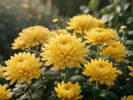 Nahaufnahme von leuchtend gelben Chrysanthemenblüten in einem sonnendurchfluteten Garten. - Foto: über boerse-global.de