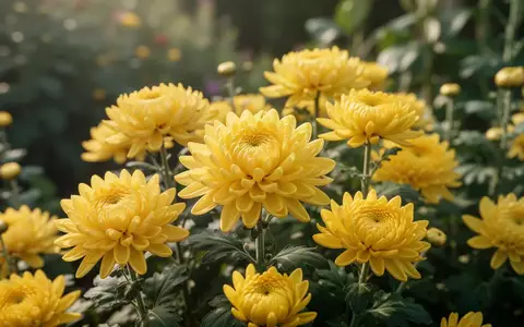 Nahaufnahme von leuchtend gelben Chrysanthemenblüten in einem sonnendurchfluteten Garten. - Foto: über boerse-global.de