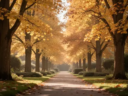 Ein sonnendurchfluteter Gartenweg mit herbstlich gefĂ€rbten BĂ€umen, der Gelassenheit und Lebensreife symbolisiert. - Foto: ĂŒber boerse-global.de