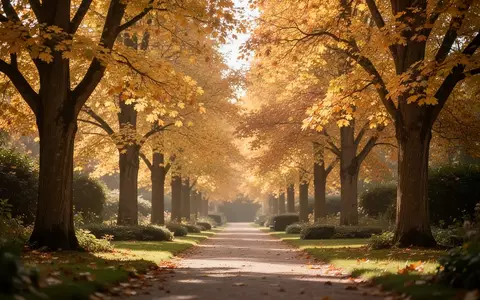 Ein sonnendurchfluteter Gartenweg mit herbstlich gefärbten Bäumen, der Gelassenheit und Lebensreife symbolisiert. - Foto: über boerse-global.de