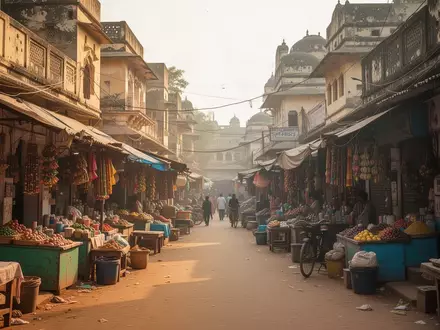 Ein belebter, sonnendurchfluteter indischer Markt mit kleinen Verkaufsständen und lokaler Handelsumgebung. - Foto: über boerse-global.de