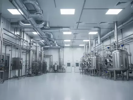 Moderne, sterile Produktionshalle einer pharmazeutischen Anlage mit Edelstahlanlagen und technischer Infrastruktur. - Foto: über boerse-global.de