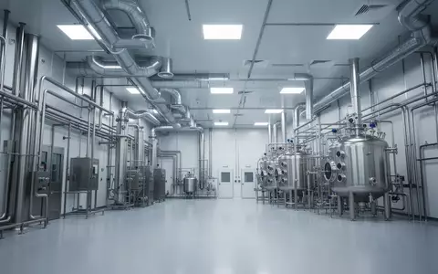 Moderne, sterile Produktionshalle einer pharmazeutischen Anlage mit Edelstahlanlagen und technischer Infrastruktur. - Foto: über boerse-global.de
