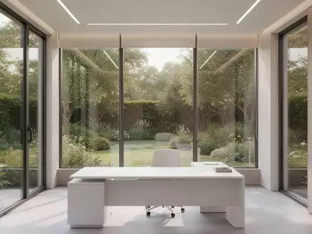 Ein minimalistisch eingerichteter, heller Arztraum mit Blick in einen Garten, der eine ruhige und professionelle Atmosphäre ausstrahlt. - Foto: über boerse-global.de