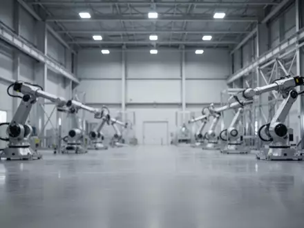 Eine weitläufige, minimalistische Industriehalle mit poliertem Betonboden und mechanischen Bauteilen im Hintergrund. - Foto: über boerse-global.de