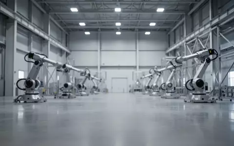 Eine weitläufige, minimalistische Industriehalle mit poliertem Betonboden und mechanischen Bauteilen im Hintergrund. - Foto: über boerse-global.de