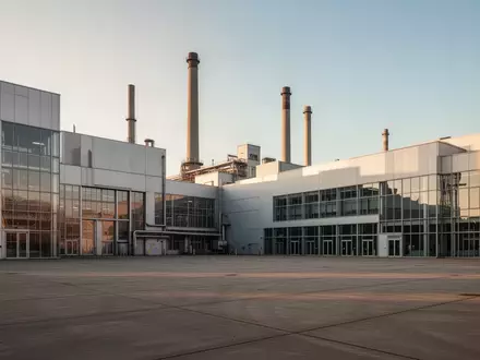Weitwinkelaufnahme einer großen Industrieanlage bei Sonnenuntergang mit moderner Architektur und weitem Vorplatz. - Foto: über boerse-global.de