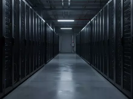 Dunkle, metallische Server-Racks in einem industriellen Rechenzentrum mit reflektierendem Boden. - Foto: über boerse-global.de