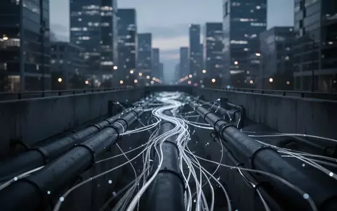 Abstrakte Darstellung digitaler Infrastruktur mit leuchtenden Glasfaserkabeln in einem dunklen Tunnel. - Foto: über boerse-global.de