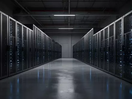 Moderne, minimalistische Server-Infrastruktur mit dezenten blauen Lichtquellen in einer Industriehalle. - Foto: über boerse-global.de