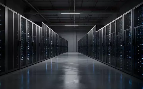 Moderne, minimalistische Server-Infrastruktur mit dezenten blauen Lichtquellen in einer Industriehalle. - Foto: über boerse-global.de
