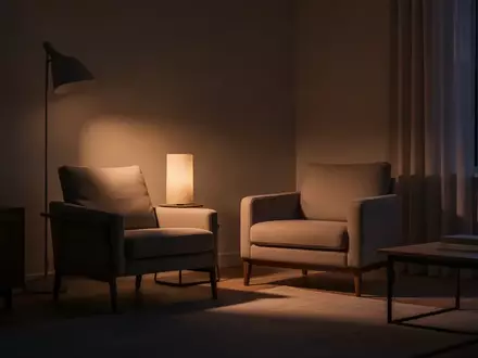 Ein ruhiger, in sanftes Dämmerlicht getauchter Wohnbereich mit einem leeren Sessel, der eine Atmosphäre der Stille vermittelt. - Foto: über boerse-global.de