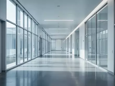 Ein minimalistischer, leerer Flur in einem modernen medizinischen Forschungszentrum mit kĂŒhlem Tageslicht und glatten Betonböden. - Foto: ĂŒber boerse-global.de
