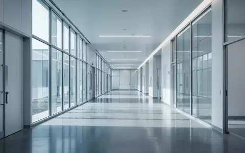 Ein minimalistischer, leerer Flur in einem modernen medizinischen Forschungszentrum mit kühlem Tageslicht und glatten Betonböden. - Foto: über boerse-global.de
