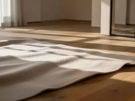 Ein minimalistischer, sonnendurchfluteter Raum mit einer weichen Textiloberfläche auf einem Holzboden. - Foto: über boerse-global.de