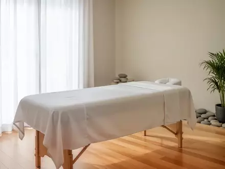 Ein minimalistisch eingerichteter Wellnessraum mit einer leeren Massageliege in hellem, natürlichem Licht. - Foto: über boerse-global.de