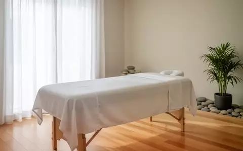 Ein minimalistisch eingerichteter Wellnessraum mit einer leeren Massageliege in hellem, natürlichem Licht. - Foto: über boerse-global.de