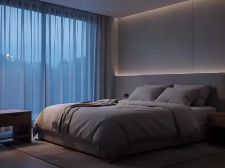 Ein minimalistisch eingerichtetes Schlafzimmer in den frühen Morgenstunden mit sanftem, natürlichem Licht. - Foto: über boerse-global.de