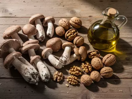 Frische Pilze, Nüsse und Olivenöl auf einem rustikalen Holztisch als Symbol für natürliche Nährstoffquellen. - Foto: über boerse-global.de