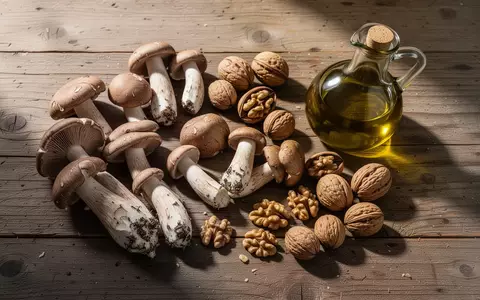 Frische Pilze, Nüsse und Olivenöl auf einem rustikalen Holztisch als Symbol für natürliche Nährstoffquellen. - Foto: über boerse-global.de
