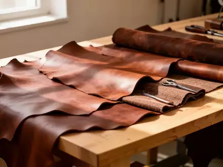 Hochwertige LederstĂŒcke und Handwerkszeug auf einer Werkbank in einem Atelier bei natĂŒrlichem Licht. - Foto: ĂŒber boerse-global.de