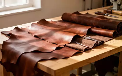 Hochwertige Lederstücke und Handwerkszeug auf einer Werkbank in einem Atelier bei natürlichem Licht. - Foto: über boerse-global.de