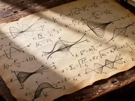 Ein hölzerner Schreibtisch mit handgeschriebenen komplexen mathematischen Formeln und Gleichungen auf altem Papier. - Foto: über boerse-global.de