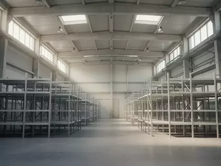 Weitläufiges, leeres Industriegebäude mit hohen Lagerregalen und einfallendem Tageslicht. - Foto: über boerse-global.de