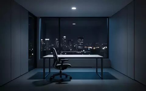 Ein minimalistisch eingerichteter, dunkler Arbeitsraum bei Nacht mit Blick auf eine ferne, verschwommene Stadtkulisse. - Foto: über boerse-global.de