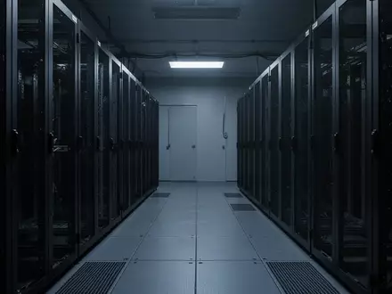 Ein dunkler, leerer Serverraum mit metallischen Racks in einer kühlen, industriellen Umgebung. - Foto: über boerse-global.de