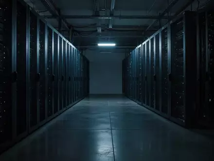 Dunkler, minimalistischer Serverraum mit metallischen Regalen und kühler blauer Beleuchtung. - Foto: über boerse-global.de