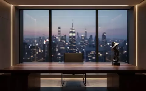 Ein minimalistischer, moderner Arbeitsplatz in einem Büro bei Dämmerung mit Blick auf eine nächtliche Stadt. - Foto: über boerse-global.de