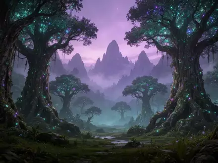 Eine mystische, bewaldete Gebirgslandschaft mit leuchtenden Pflanzen und nebligen Bergen in der Dämmerung. - Foto: über boerse-global.de