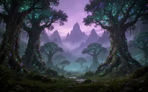 Eine mystische, bewaldete Gebirgslandschaft mit leuchtenden Pflanzen und nebligen Bergen in der Dämmerung. - Foto: über boerse-global.de