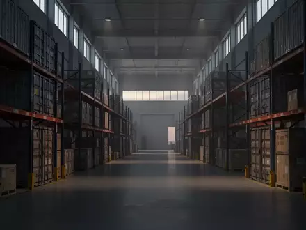 Ein minimalistisches, modernes Logistiklager in Shanghai in der Dämmerung mit gestapelten Frachtkisten und Industrieregalen. - Foto: über boerse-global.de