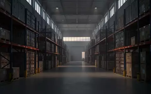 Ein minimalistisches, modernes Logistiklager in Shanghai in der Dämmerung mit gestapelten Frachtkisten und Industrieregalen. - Foto: über boerse-global.de