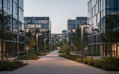Moderne Stadtlandschaft mit nachhaltiger Architektur und Grünflächen bei Dämmerung. - Foto: über boerse-global.de